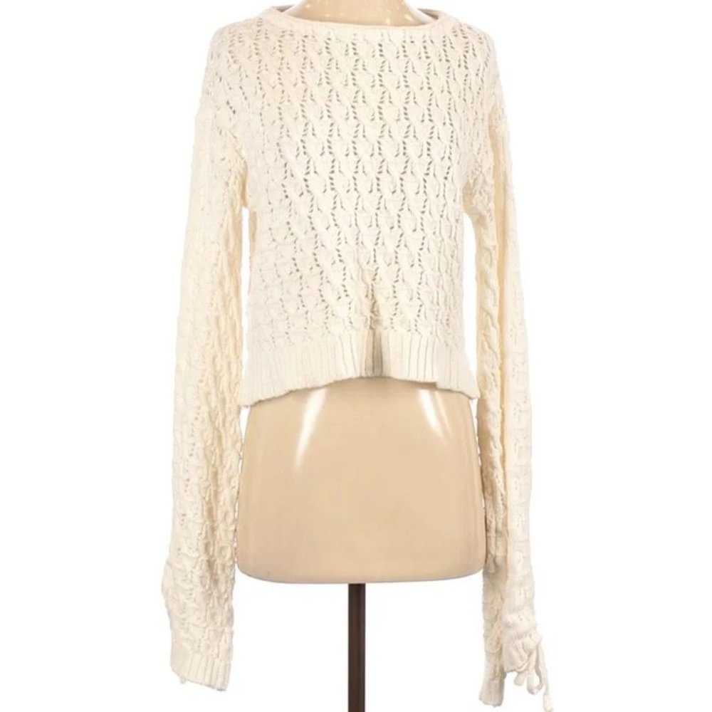 Sweet Generis Sz S crochet cropped sweater drawstrings scrunch sleeves NWOT